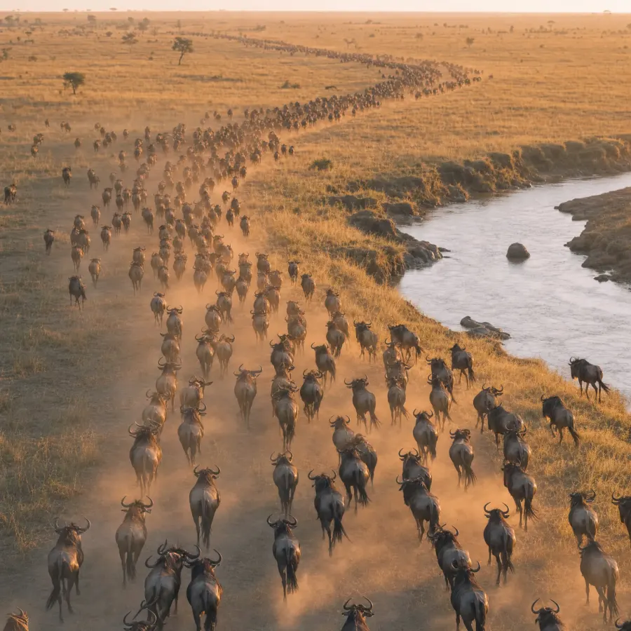 A long line of wildebeest running through golden grassland beside a winding river, dust rising behind them