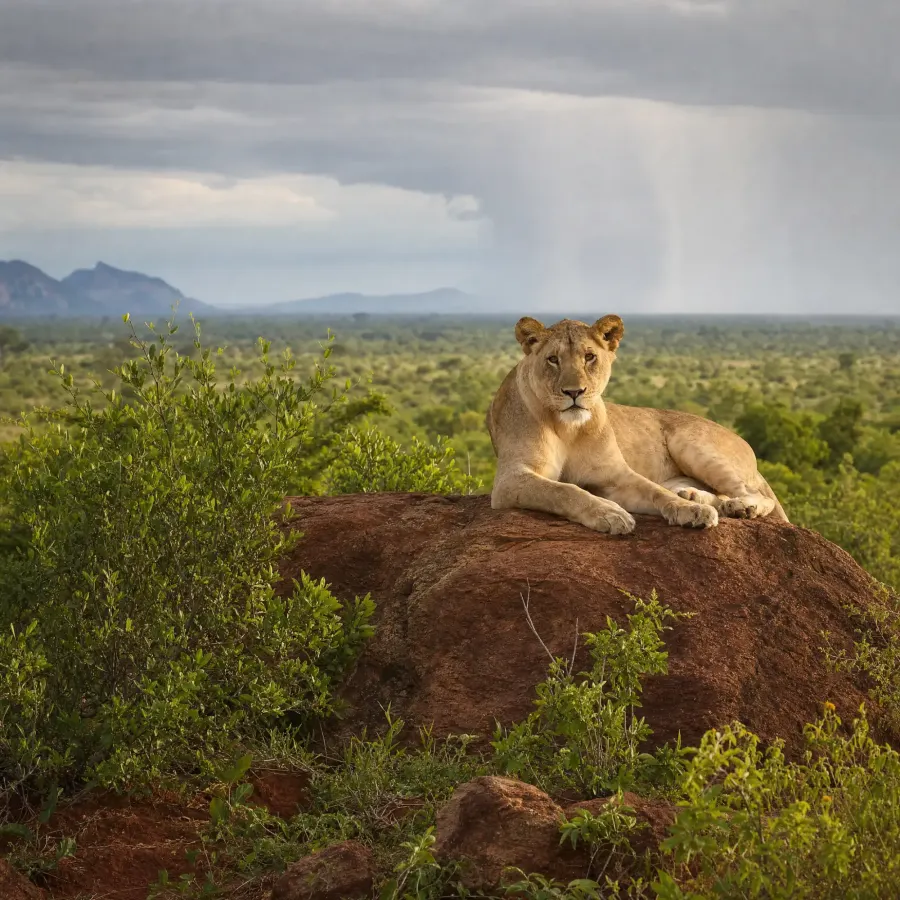 A lioness resting on a red rock in Tsavo, green bush below and a rain shower falling in the distance
